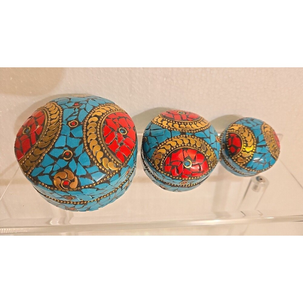 Tibetan Nepalese Red Coral & Turquoise Inlay Mosiac Jewelry / Trinket Box Set